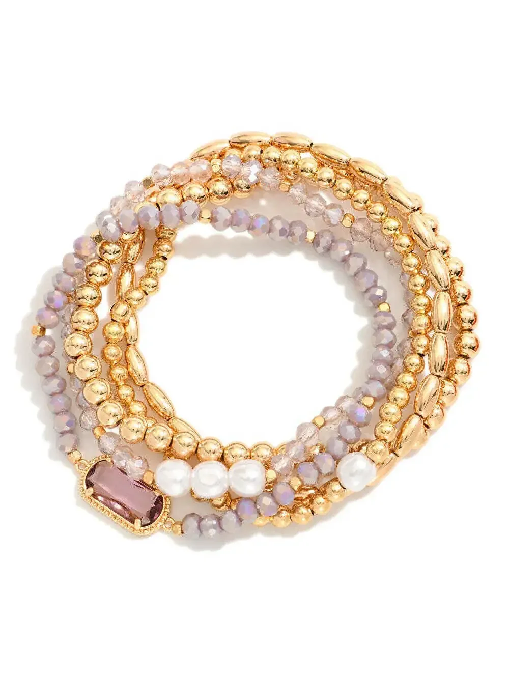 Purple Gold Beaded Stretch Bracelet Stack Set of 5